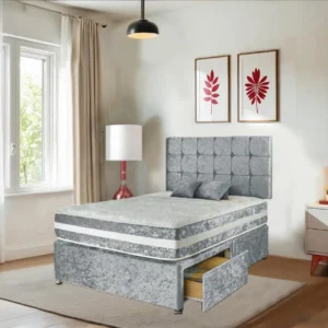 Crushed Velvet Bed Champagne With  10″ Memory Foam Spring Mattress  | Matching Headboard 20″ | 2 Drawers