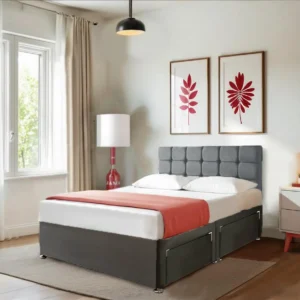 Grey Linen Look Divan Beds with Mattress and Headboard