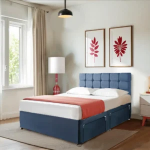 Linen Bed Frame – Blue Divan Beds with Mattress and Headboard blue
