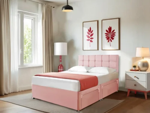 Mink Linen Look Divan Beds with Mattress and Headboard pink