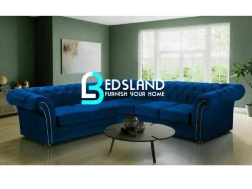 Chesterfield Blue Velvet Corner Sofa - 7 Seater Corner Sofa