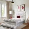 Maria Chesterfield Scroll Sleigh Bed Frame Soft Crushed Velvet Fabric with the option of Ottoman St