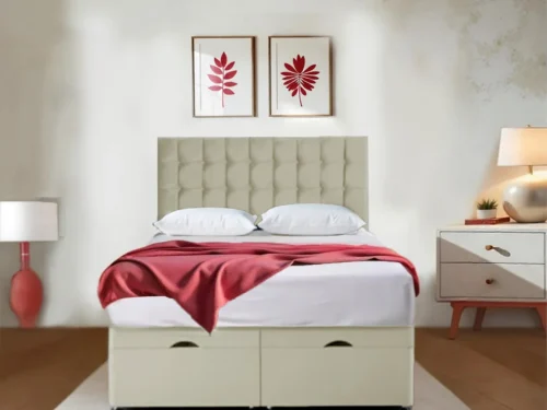 Premium Red velvet Ottoman Bed With Mattress and Storage cream