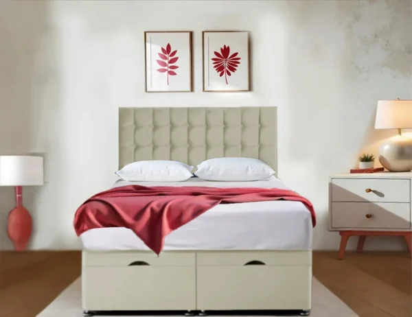 Premium Red velvet Ottoman Bed With Mattress and Storage cream