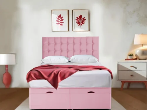 Premium Red velvet Ottoman Bed With Mattress and Storage pink