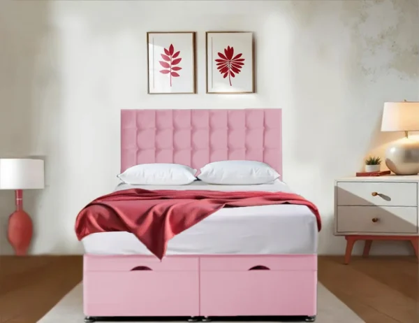 Premium Red velvet Ottoman Bed With Mattress and Storage pink