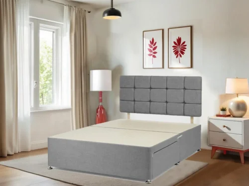 Grey Chenille Fabric Divan Bed Base with Headboard and 4 Drawers