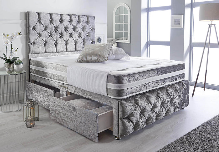 Modern Silver Crushed Velvet Divan Bed with Matching Headboards