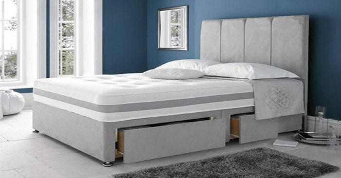 Prime Day Exclusive: Royal Suede Grey Divan Bed Set with Headboard, Mattress and drawers