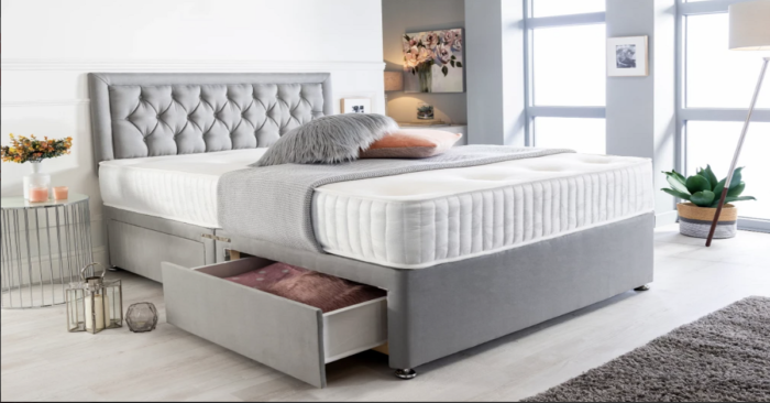 Save Big on Prime Day Luxury Grey Suede Divan Bed Set with Headboard and Pillow Top Mattress