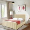 Wing Panel Plush Velvet Bed Set With Vertical Liner Wing Headboard Champagne